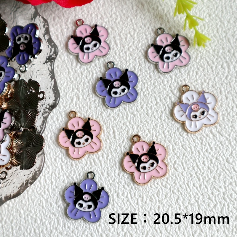 10 szt. Wisiorek ze stopu kwiatowego Sanrio Kuromi z motywem kwiatowym Anime urocze metalowe zawieszki naszyjnik DIY bransoletka kolczyk brelok