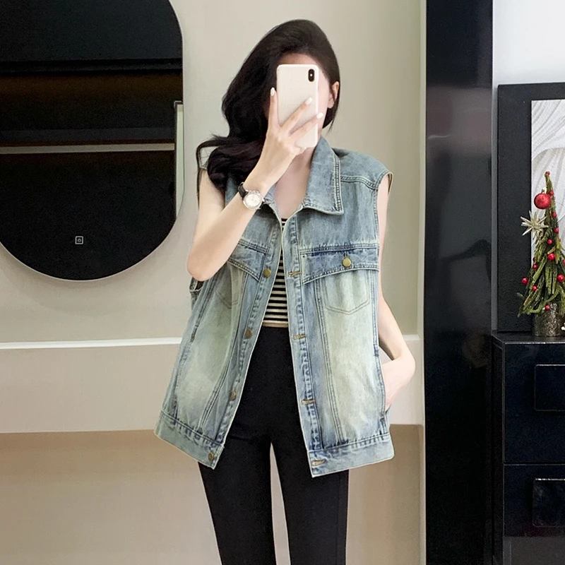 

Лидер продаж, женский осенний синий джинсовый жилет без рукавов 2021, модные свободные длинные джинсы, пальто, уличная повседневная женская одежда