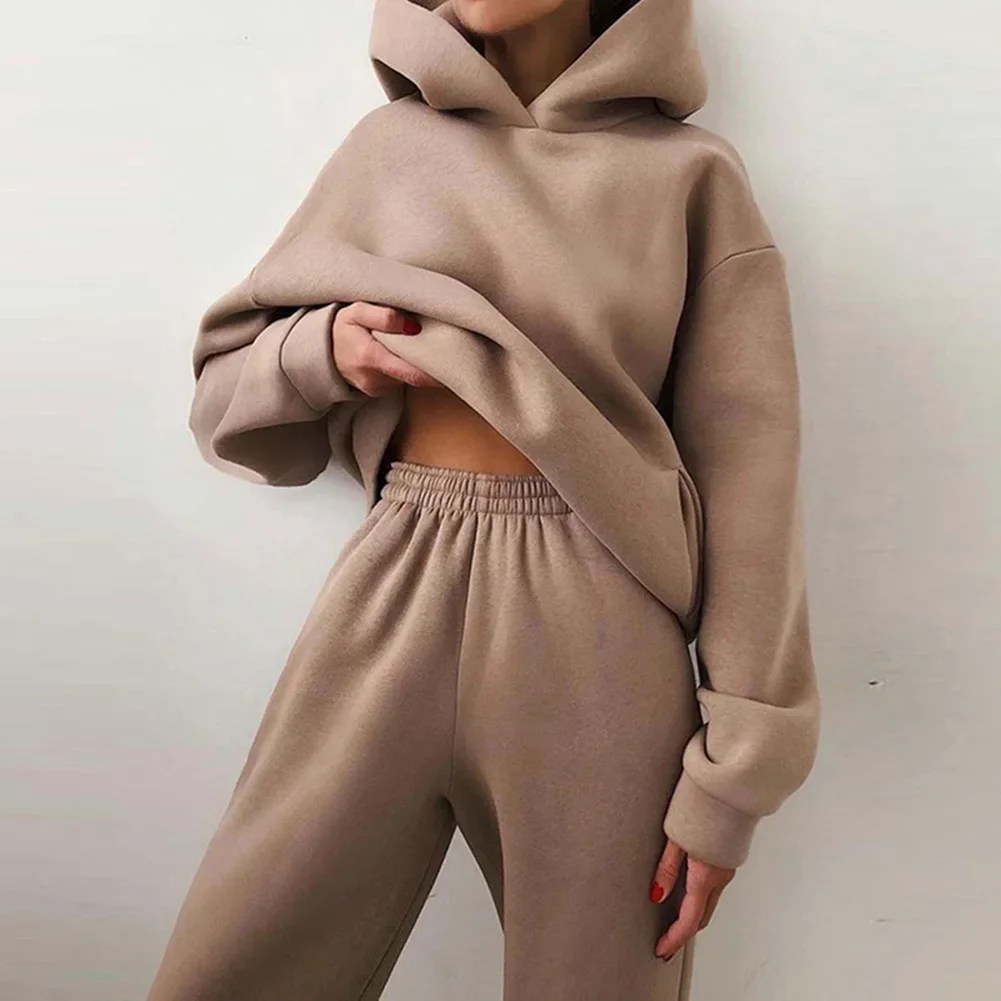 Stylish 2 Piece Women Tracksuit Autumn Winter Hoodies Top Pant Sweatshirts Sweatpants Jogging Pant Outfits Solid Color