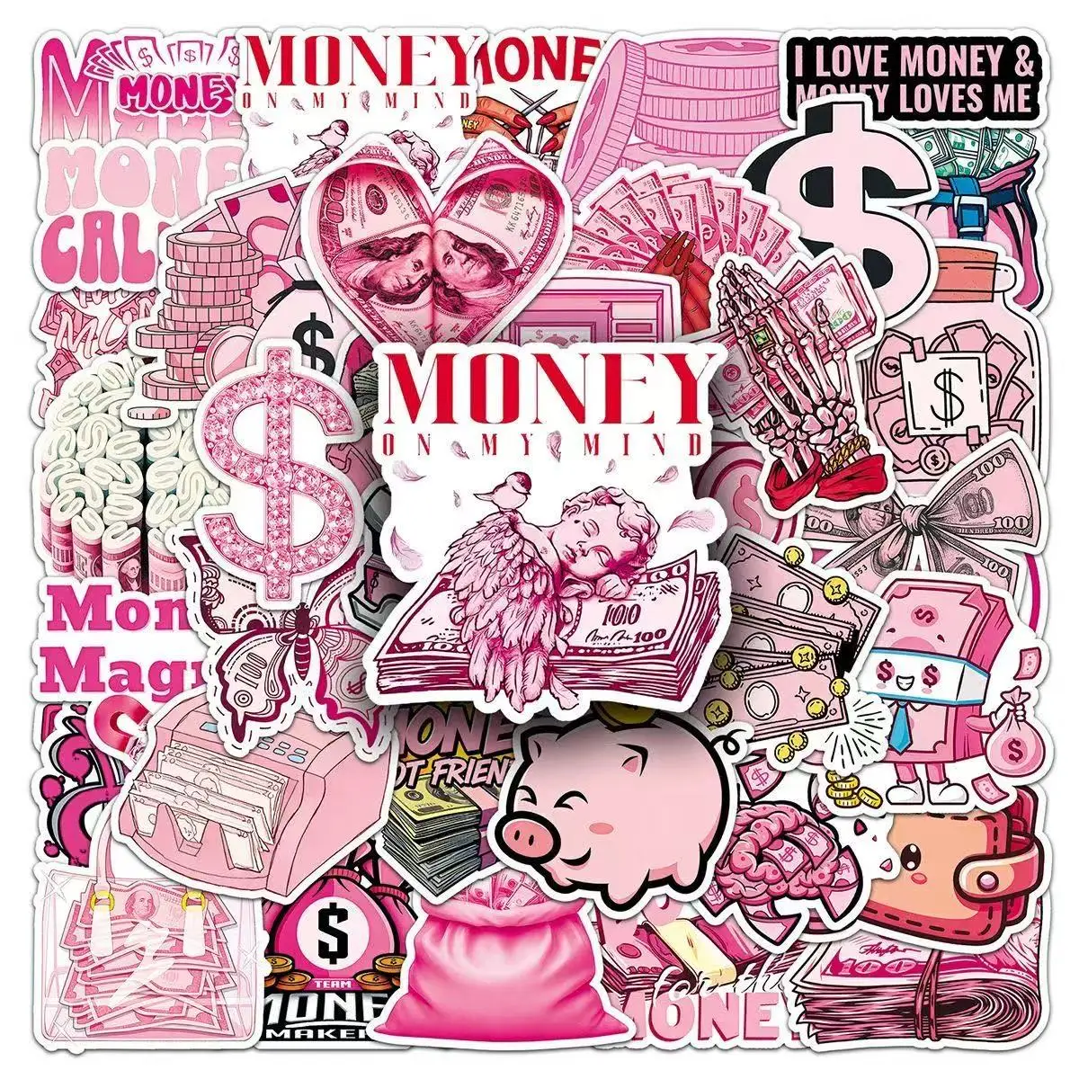 50Pcs Cute Pink Dollar Coin Cartoon Stickers Trendy Creative Decorative Decals Perfect for Helmet Luggage Travel Accessories view 3
