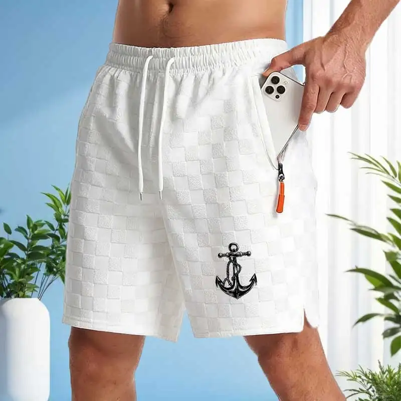 

2026 New Men's Check Jacquard Shorts Nautical Style Drawstring Athletic Shorts with Side Pocket Summer