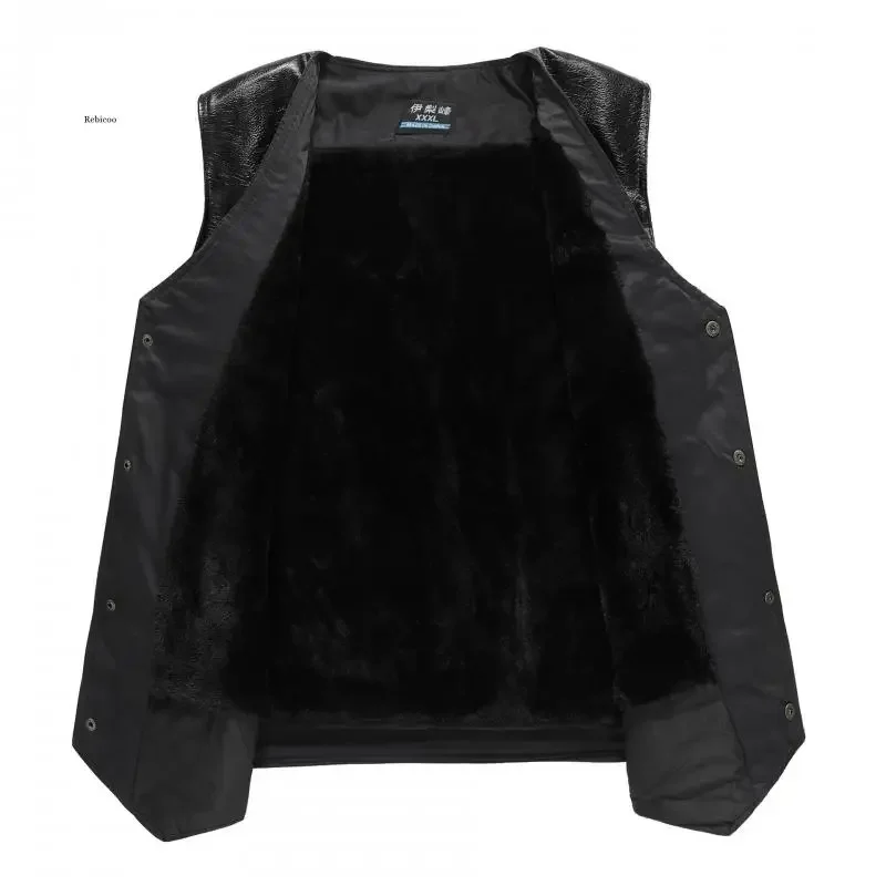 More Men's Pu Leather Vest Fashion V-Neck Warm Vest