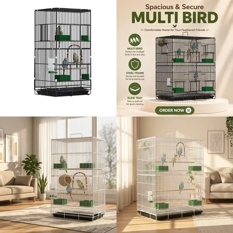 for  Large Luxury Foldable Eco Friendly Powder Coated Iron Bird Cage with Plastic Tray Solid Pattern Button Closure Outdoor