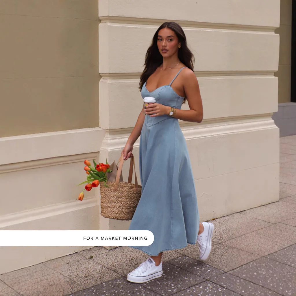 Damen Sommer-Maxikleid: Elegantes, süßes Neckholder-Kleid aus Denim-Imitat, ärmellos, figurbetont, A-Linie, Strandkleid
