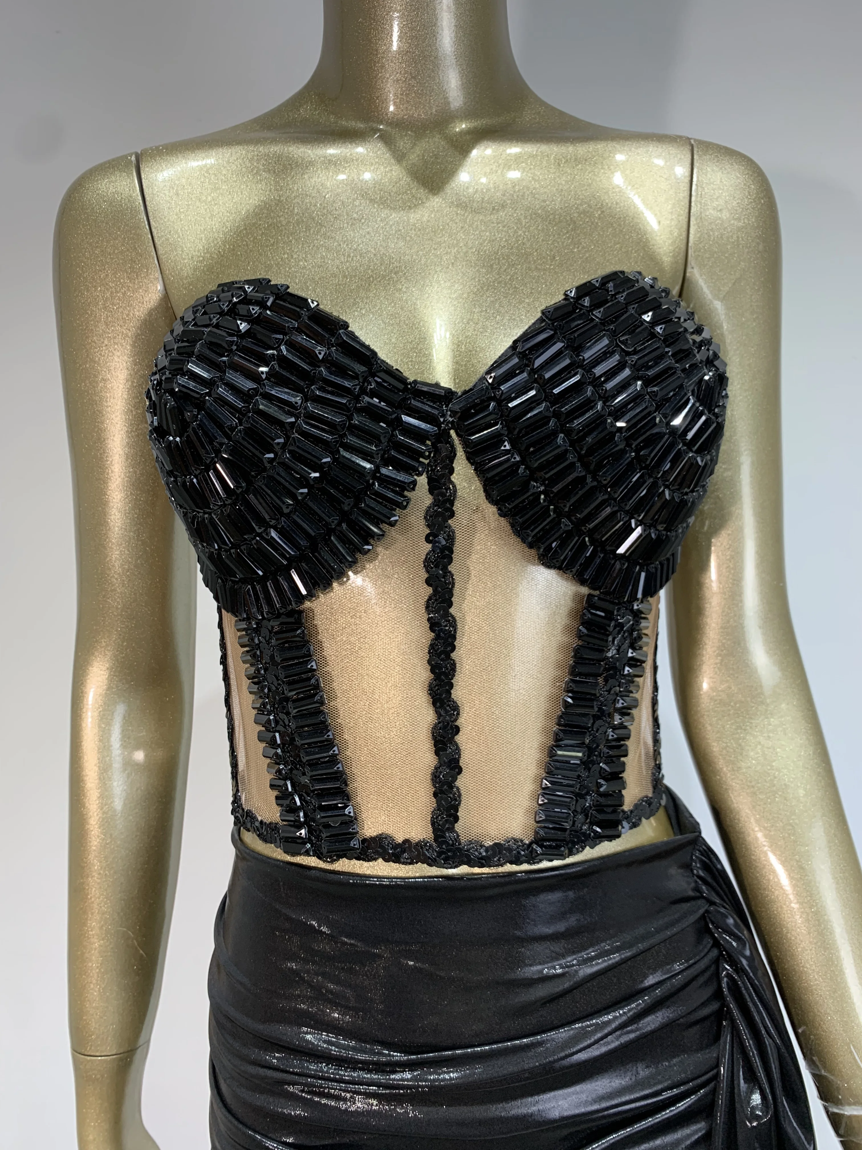 Women Sexy Sheath Strapless Black Diamond Skirt Set Birthday Evening Party Dress Club Celebrity Singer Stage Performa Costume