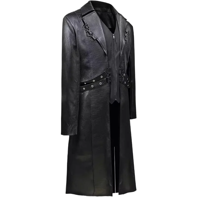 Vintage Medieval Gothic Long Leather Windbreaker European American Steampunk Men Leather Coats Assassin Elves Pirate Costume