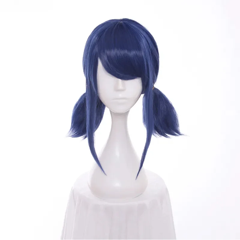 Peluca de Cosplay recta con doble cola de caballo azul, pelo sintético resistente al calor para Halloween, mariquita