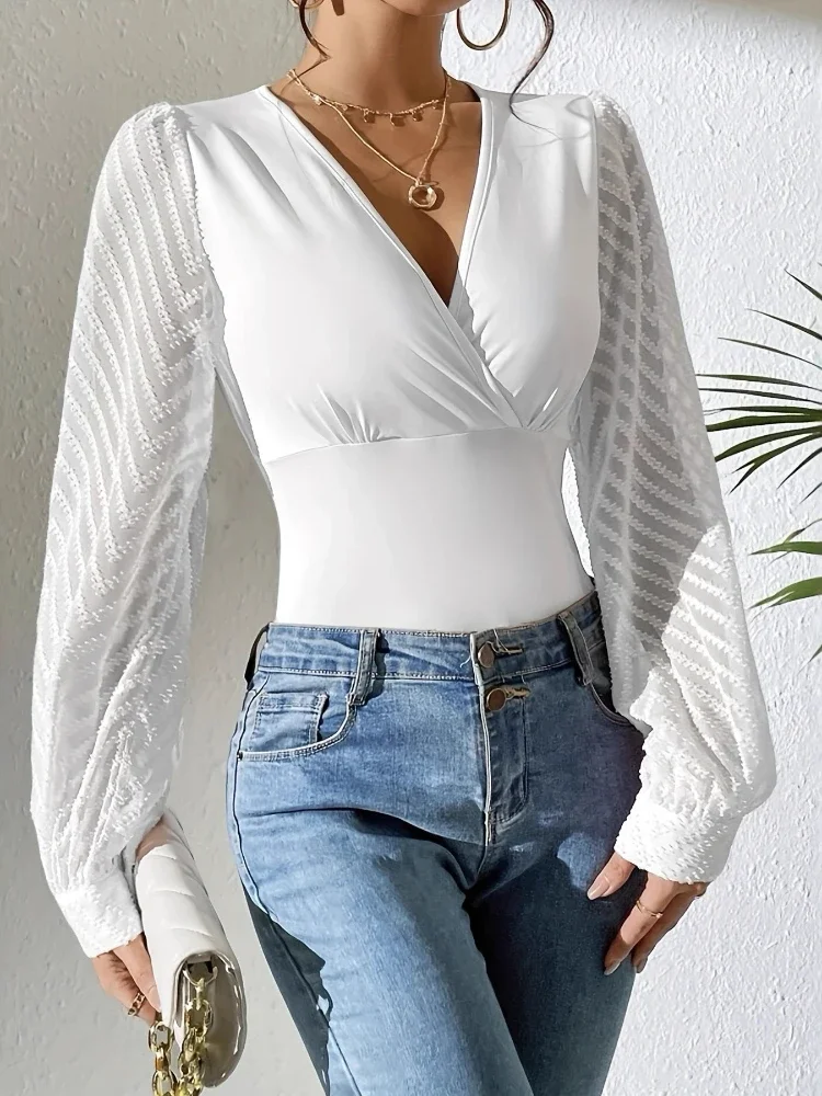 2026 primavera nova feminina elegante branco com decote em v camisa de manga longa moda cintura fino ajuste cor sólida topo elegante blusa casual