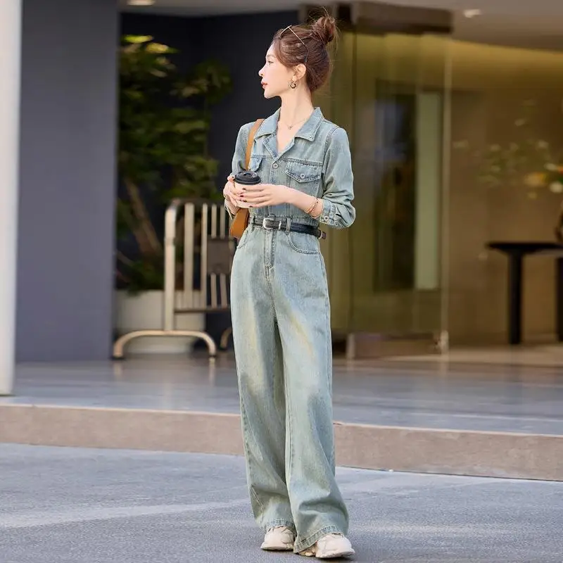

Модные джинсовые комбинезоны с высокой талией и поясом, весна 2026, женская повседневная одежда, широкие брюки для работы и отдыха, длинные штаны