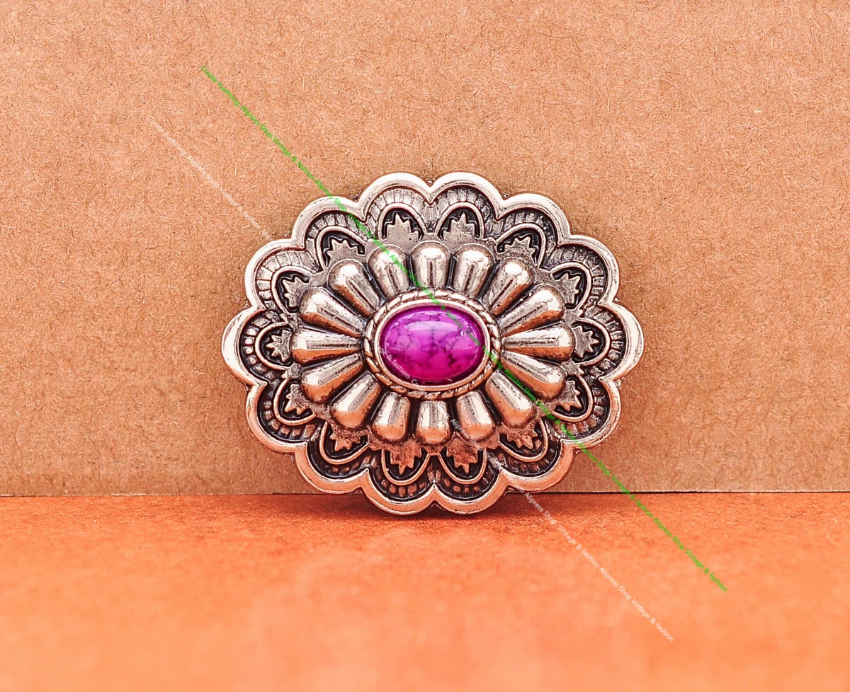 35*28MM Antik Silber Ethnische Indische Blumenkunst Himmelblau Türkis Concho Screwback Für Lederhandwerk Gürteltasche Hut Hardware – Detail 13