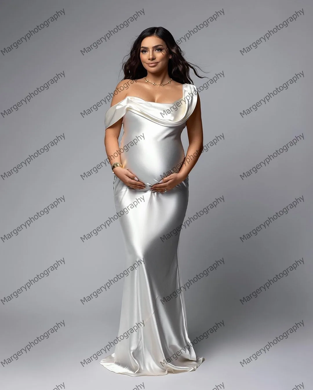 Imagem -02 - Elegante Cetim Branco Sereia Gravidez Vestidos para Fotografia Simples um Ombro Longo Vestido de Maternidade Feito sob Encomenda Maternitygown