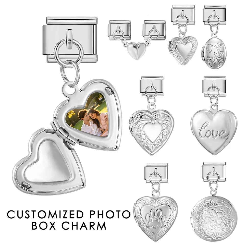 Customized Personalized Image Photo Openable Italian Charm Heart Pendant Link Fit 9mm Stainless Steel Bracelet DIY Beads Jewelry