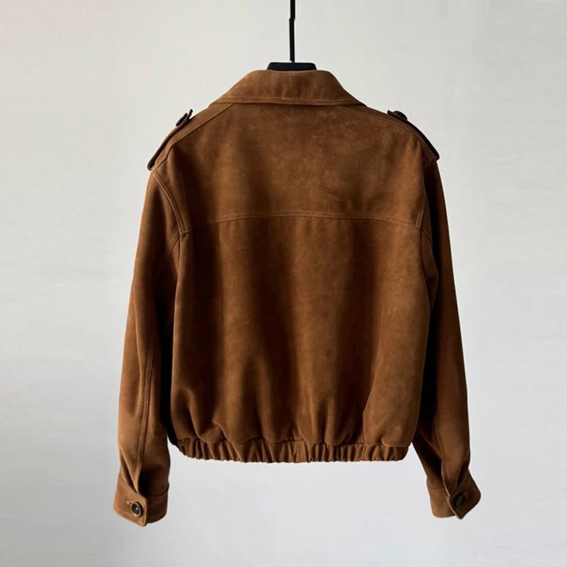 Cappotti da giacca in pelle di capra di livello A importati marrone retrò per donna 2025 Autunno Casual allentato corto per bambini in pelle scamosciata femminile in vera pelle