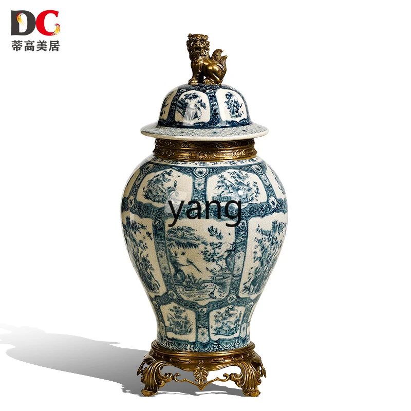 lmm  Blue and White Porcelain Inlaid Copper General Jar with Cover Classical Storage Jar Decoration