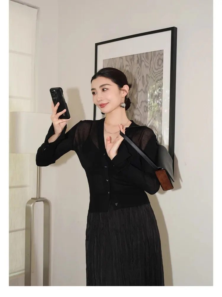 plus Size Knitted Ice Silk Long Sleeve See through Lightweight Spring Autumn Cardigan Women's Loose Slimming Air Conditioning...
