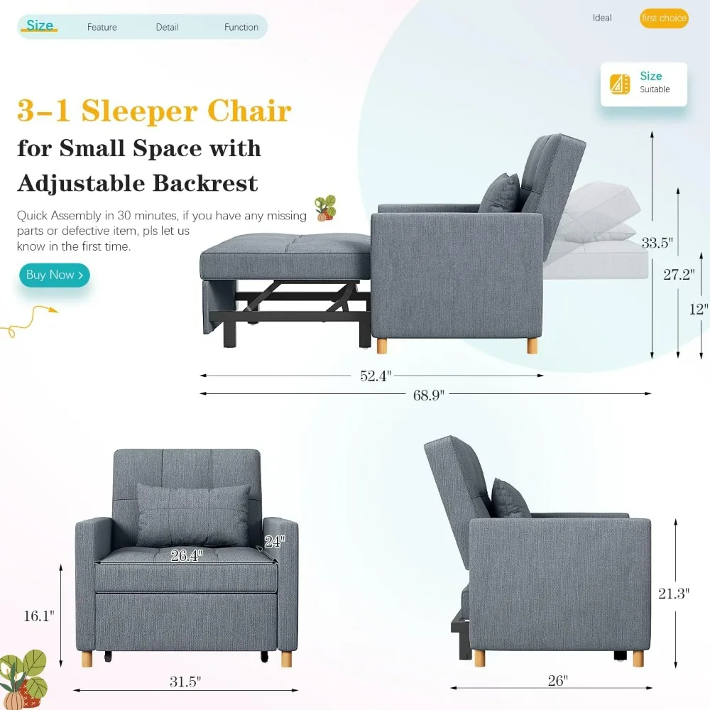 3 in 1 Convertible Chair Bed for Adults, Pull Out Sofa Bed with Pillow and Adjustable Backrest, Reading Chair Futon Couch for