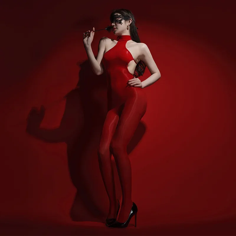 ملابس داخلية نسائية مثيرة شفافة زيتية لامعة بدون أكمام بوديستوكينج رسن بدون ظهر مفتوح المنشعب جوارب طويلة ملابس داخلية مثيرة