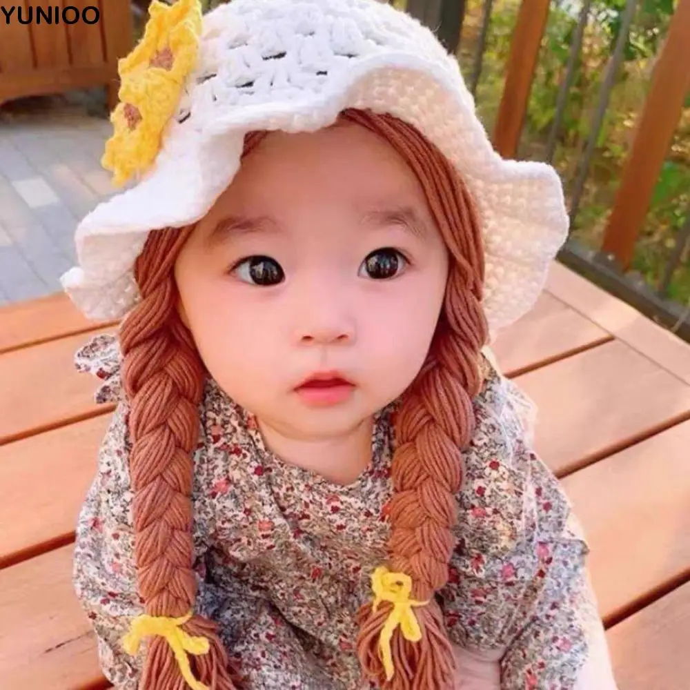 

Cute Cartoon Wig Knitted Hat Bow Cherry Baby Beanie Cap Korean Style Crochet Kids Warm Hats Newborn