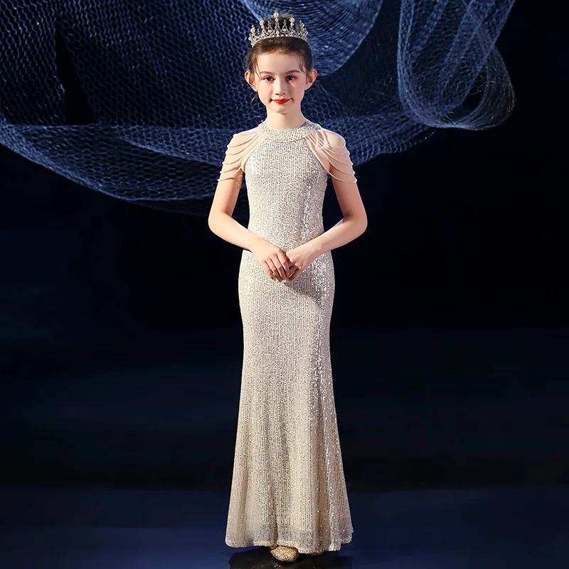 Floor Length Sequin Evening Dresses for Girls, Elegant Party Dresses, Child's Prom, Birthday, Wedding, Bridesmaids, Luxury, 2024