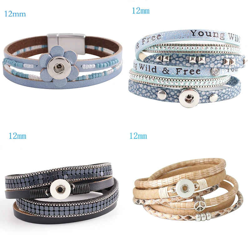 PU Leather Bracelets Fit 12MM Snaps Chunks