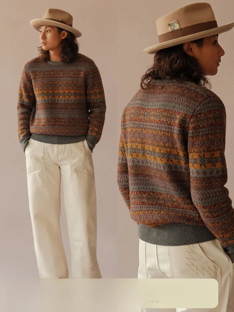 

Vtg Series Fair Isle Briti Sle Wool Blend Long Sve round Ne Loose Sweater Narrow Width Casual Knitted Woolen irt