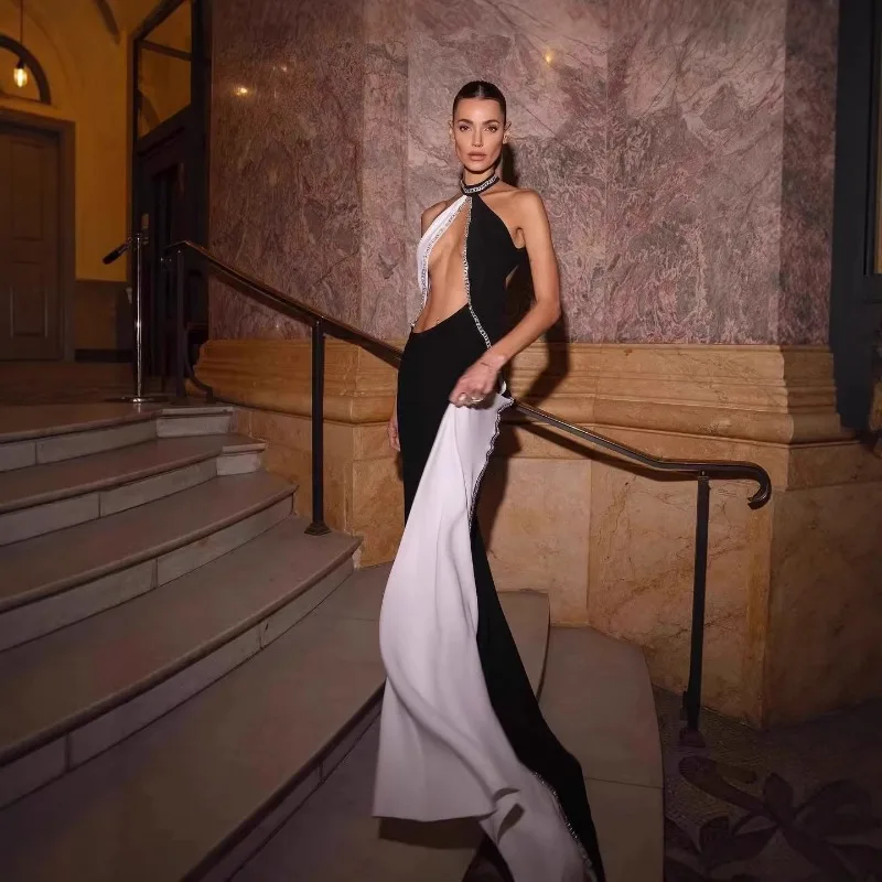 Sexy Halter Cutout Black and White Contrast Evening Gown with Sparkling Rhinestones High Side Slit Backless Formal Party Dress