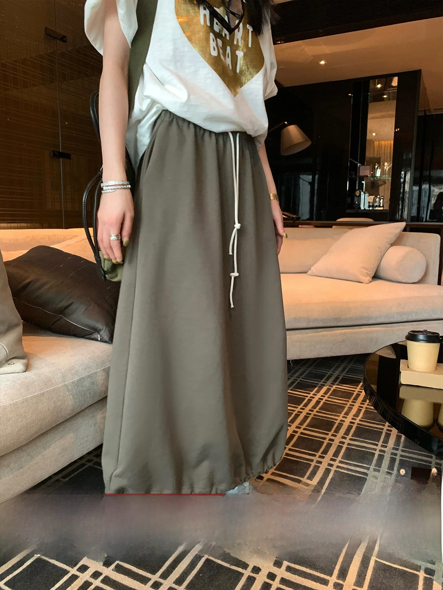 High Waist Dstring Midi Skirt Women's Cotton Elastic Waist Retro Sle Casual H-ape Skirt for Autumn New Arrival