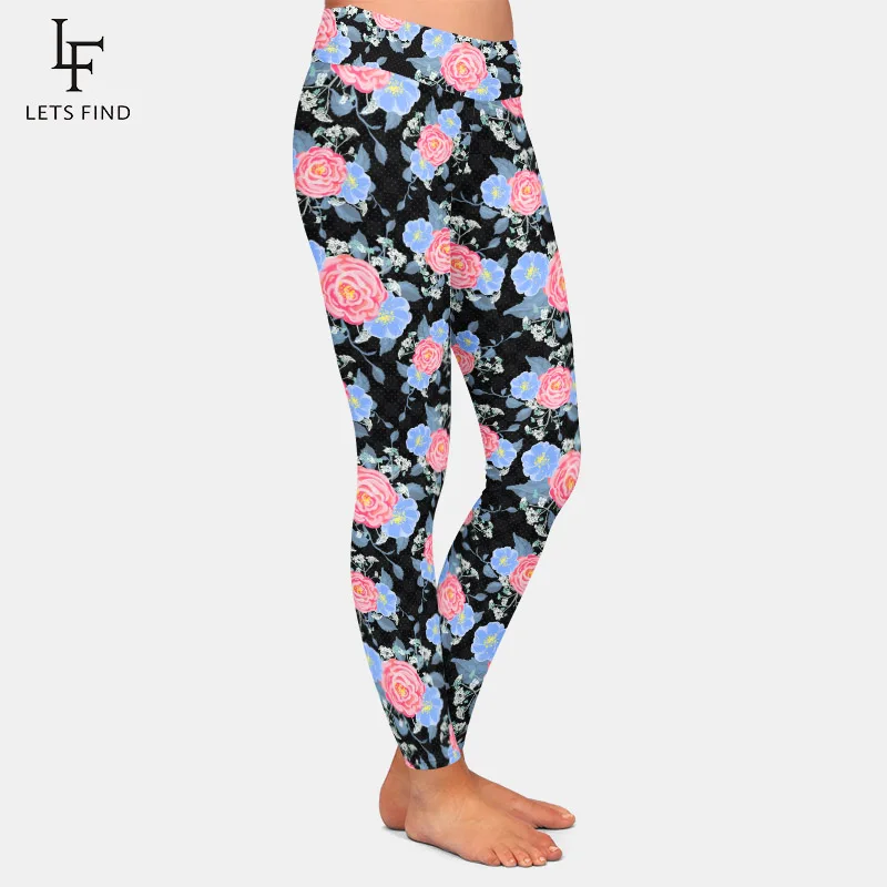 Letsfind 2020 novo 220gsm duplo lado escovado macio leite seda impressão rosas calças femininas de cintura alta aptidão leggings