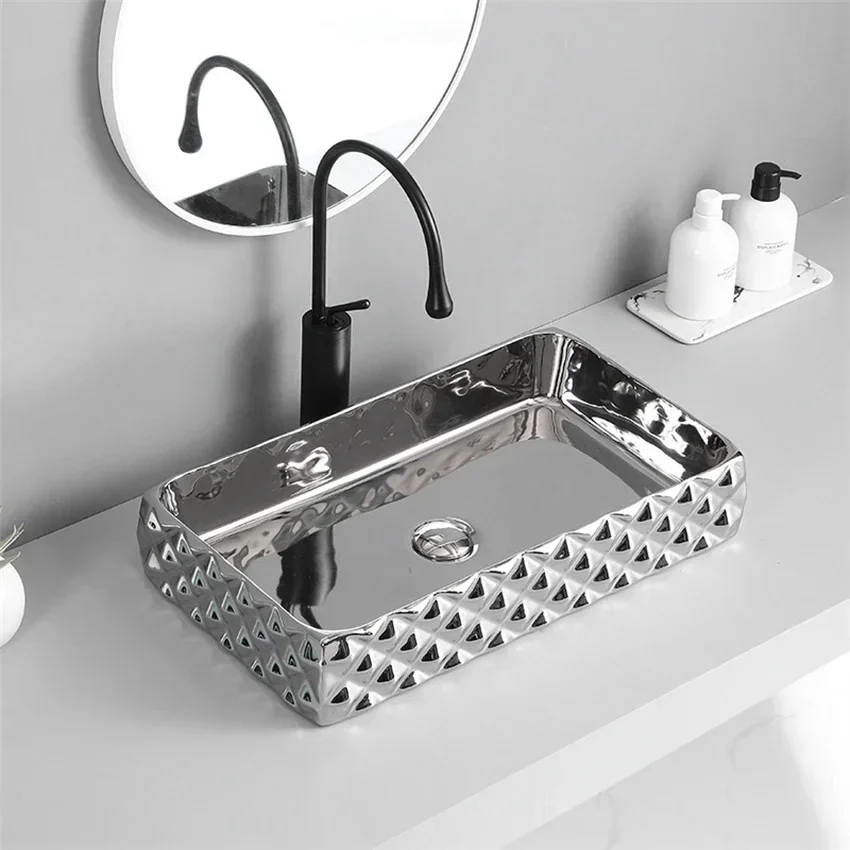 Integrated Tabletop Basin Electroplated Washbasin Rectangular Household Hotel Engineering Ceramic Art Wash Basin 600*340*110mm