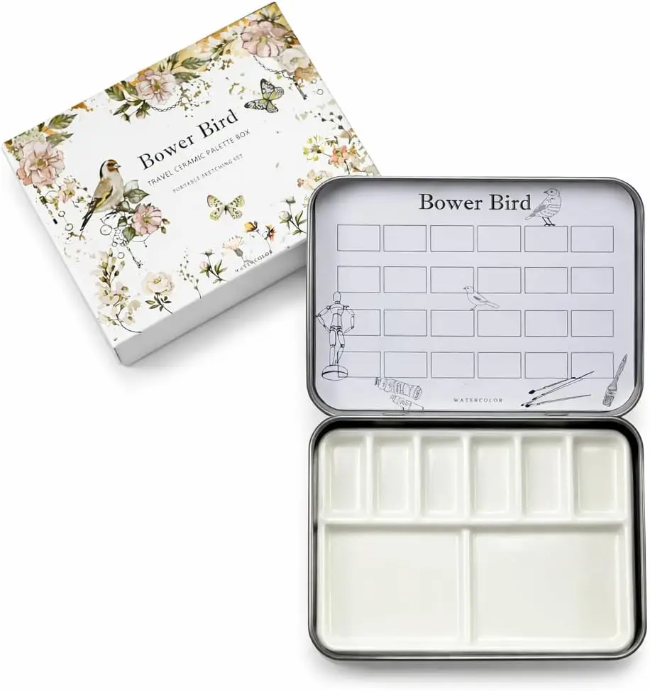 

Portable Ceramic Watercolor Palette 6 Well, Empty Paint Box with Metal Case for Travel and Sketching