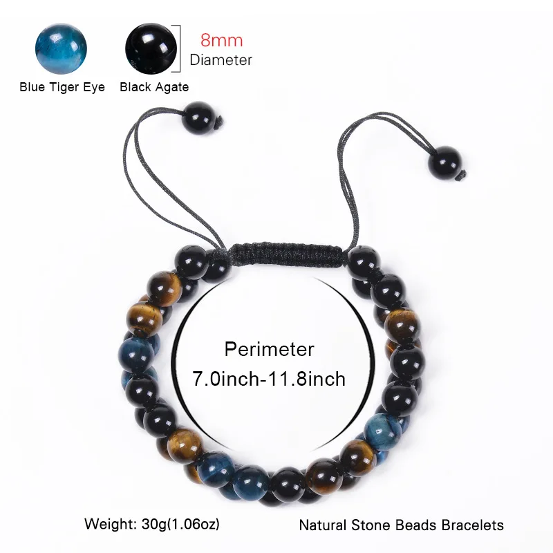 8MM Natural Tiger Eye Stone Adjustable Bracelet Double Layer Hand Woven  Row Strand Beaded Bangles Couple Party Jewelry