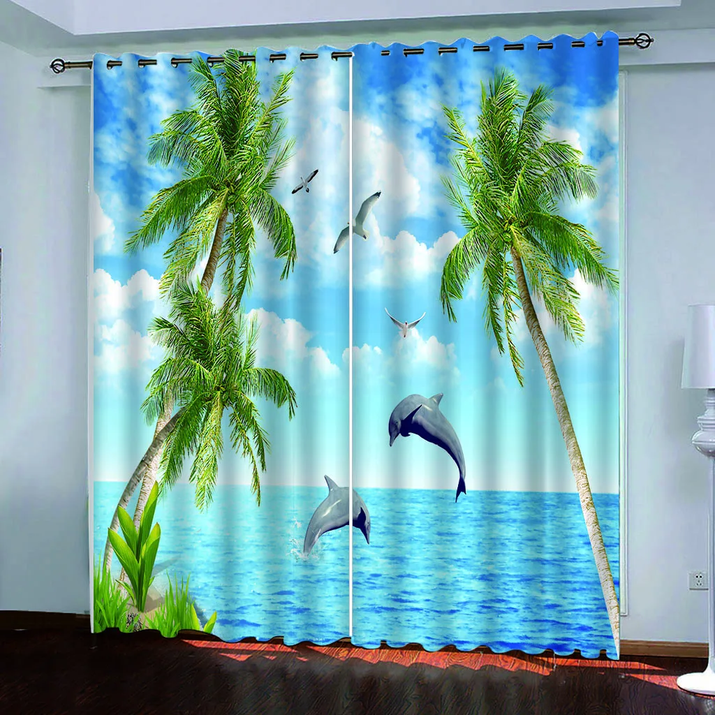 Luxury Blackout 3D Window Curtains For Living Room Bedroom Customized size blue beach dolphin Decoration curtains