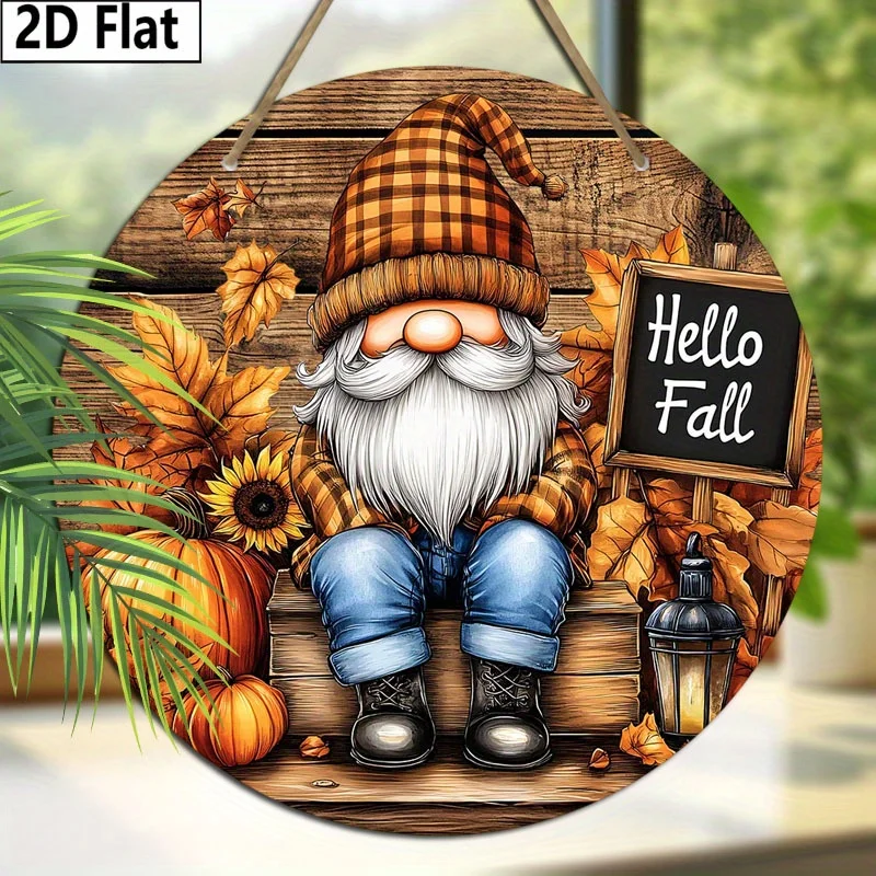 2D Flat, 1pc 2D Flat Printed Gnome Maple Leaf Round Wooden Hanging Ornament - Autumn Harvest Festival Gift, Faux Wood Panel Art