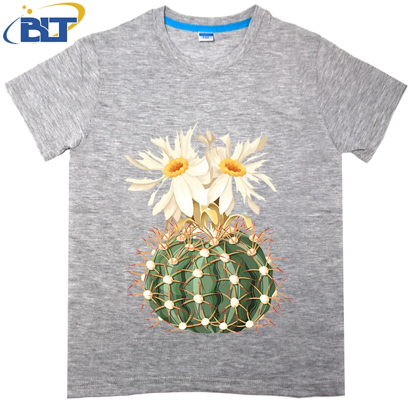 T-shirt de manga curta com cactos e flores estampada para crianças, top casual de algodão, aquarela, adequado para meninos e meninas