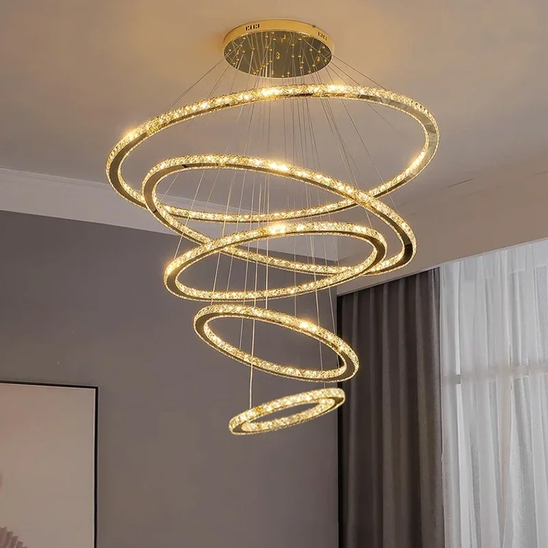 

Led Crystal Chandelier For Staircase Round Rings Design Hanging Lamp Round Gold Indoor Lighting Fixture Luxury Home Decor Lustre