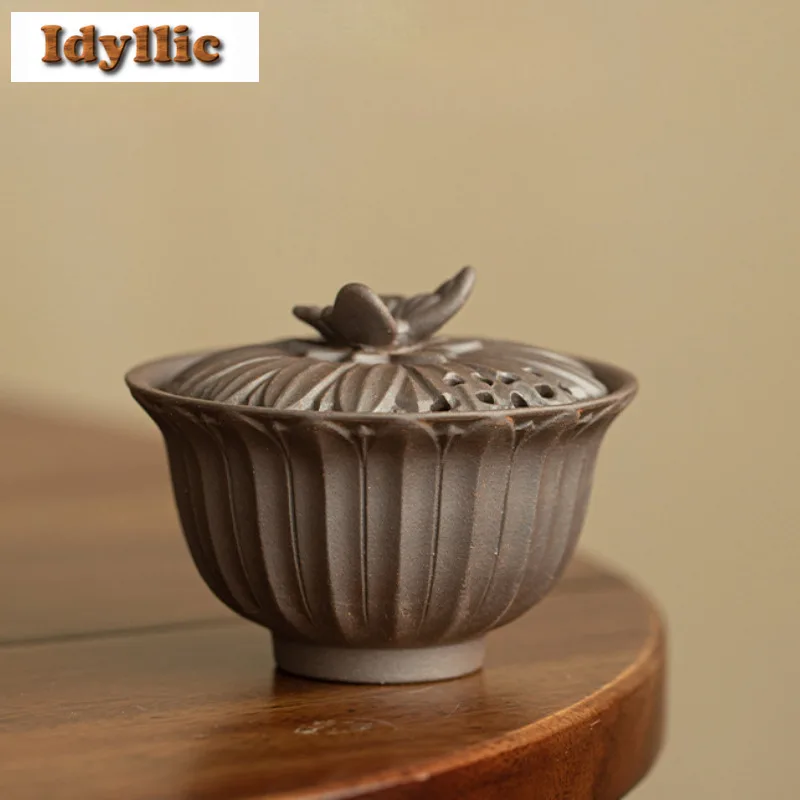 

110ml Coarse Pottery Butterfly Gaiwan Zen Tea Tureen Tea Bowl With Lid Kit Tea Making Cover Bowl Chinese Tea Set Decoration Gift