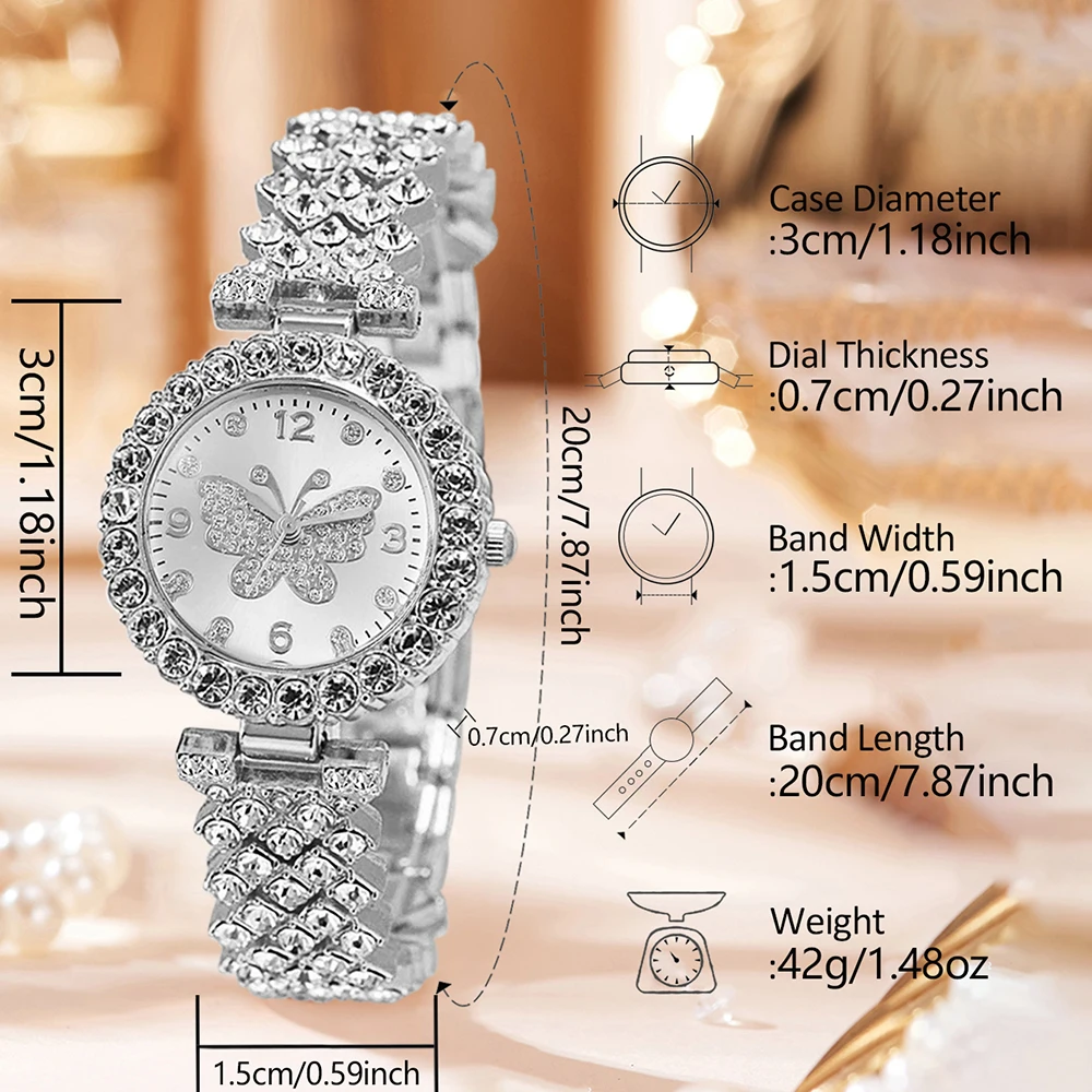 طقم ساعات نسائية فاخرة مكون من 5 قطع، عصري مع عنصر فراشة من حجر الراين، طقم سوار ساعة كوارتز هدية مثالية