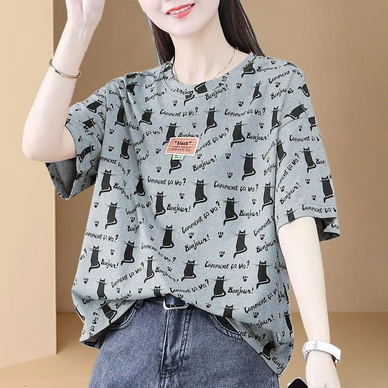 Camisetas de manga corta con cuello redondo para mujer, ropa informal holgada con letras estampadas, estilo joven, 2024