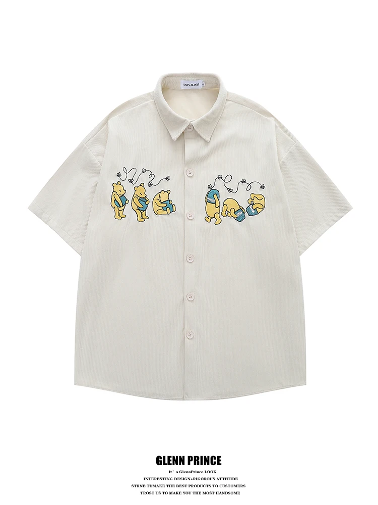 

GPstudio American Retro Fun Winnie the Pooh Embroidered Corduroy Men's Summer Versatile College Style Short Sleeve Shirt
