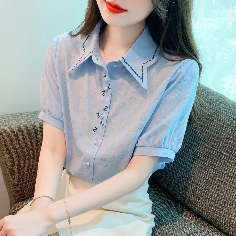 

Женская летняя блузка из хлопка с вышивкой, короткий рукав, на пуговицах, повседневная элегантная рубашка для женщин