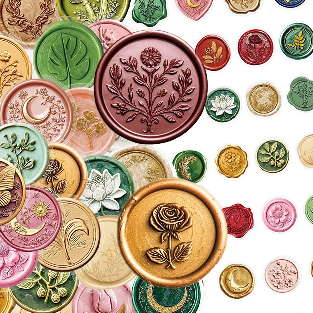 10/30/60pcs Vintage Wax Seal Stamp PET Stickers Transparent Waterproof Decals DIY Notebook Guitar Phone Cartoon Creative Sticker