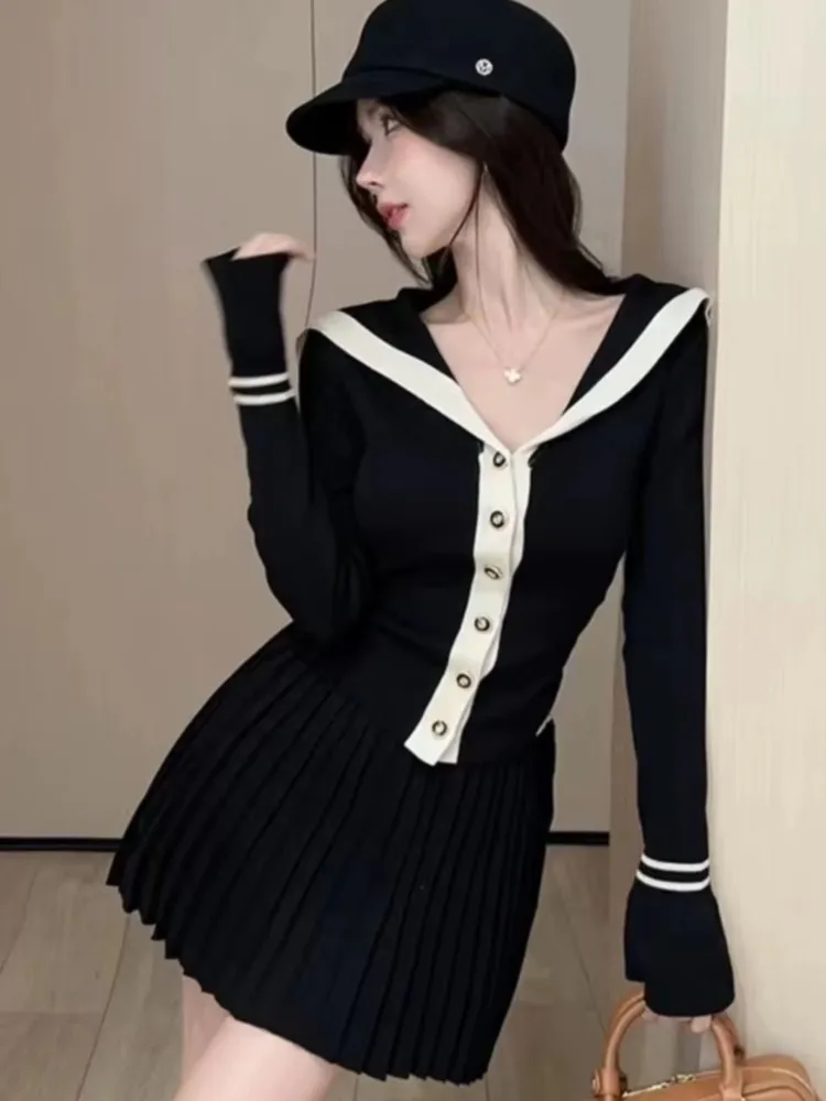 

Y2K Sweet Knitted Two Piece Set Women Autumn Slim Single Breasted Sweater Top Pleated Mini Skirt Suit Winter Fashion Outfits New