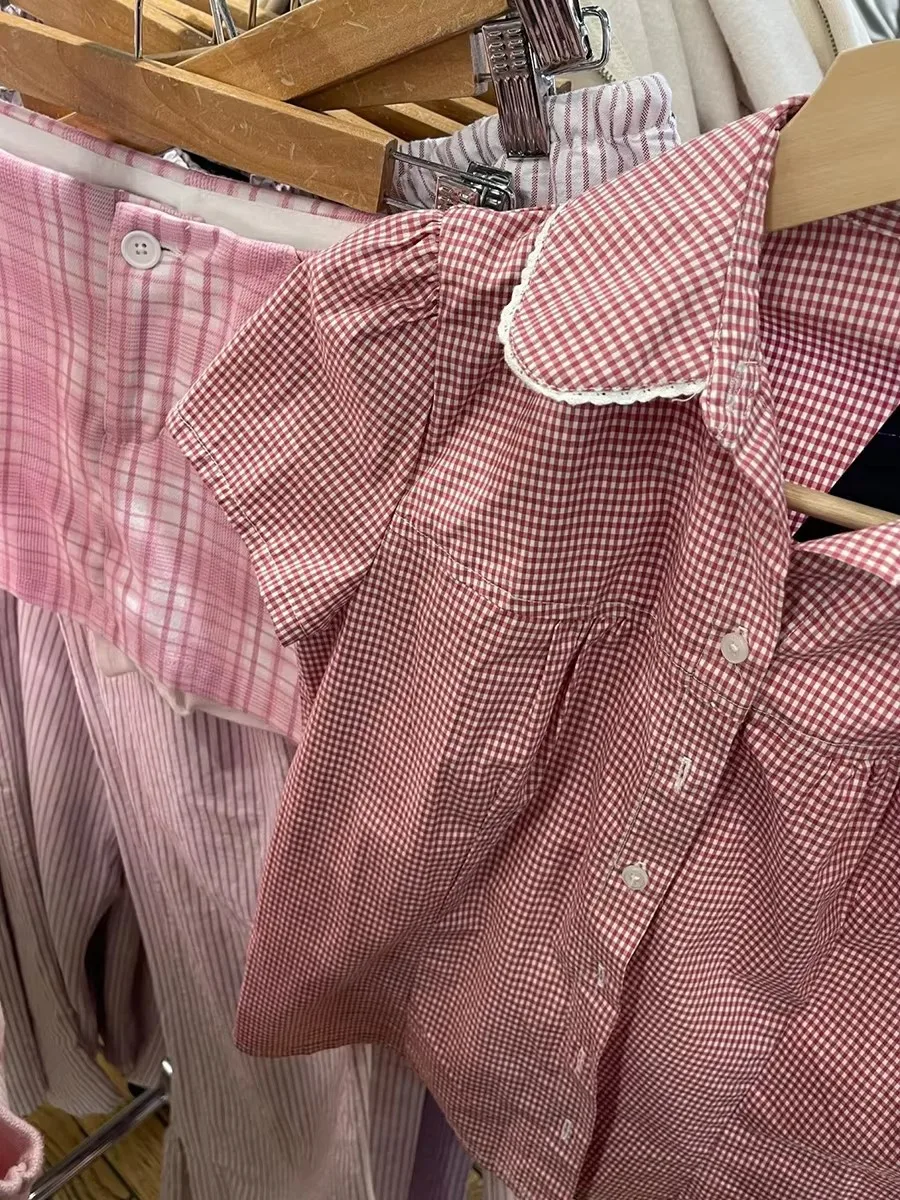 Cute Pink Plaid Peter Pan Collar Blouse Women New Casual Streetwear Buttons Short Sleeve Tee Sweet Preppy Style T-shirts Y2K Top