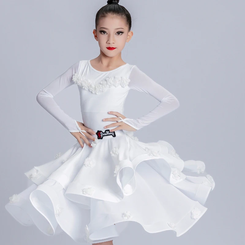 White Long Sleeves Latin Dance Dress Kids Performance Dress For Girls Latin Split Suit Ballroom Dance Competition Clothes SL7622