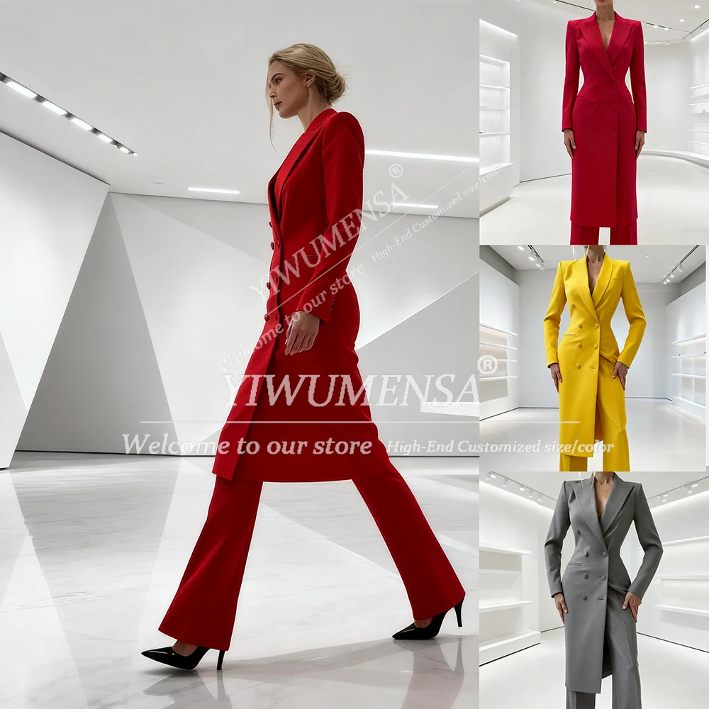 Elegant Solid Women's Suits 2 Piece Double Breasted Peak Lapel Jacket Pants Sets Fashion Prom Blazer Long Customized Lady Attire