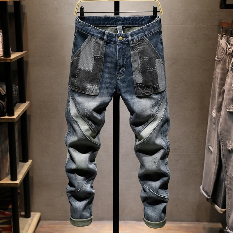 Jeans Pria Perancang Busana Jeans Robek Tambalan Slim Fit Biru Dicuci Retro Celana Denim Antik Y2K Hip Hop Sambungan Pria