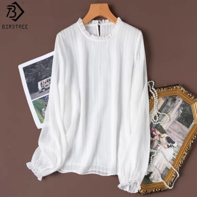 

Birdtree, 100% Silk Solid Blouse, Ruffled Collar Full Sleeve Tops, Women Double Layer Commuting Shirt, 2026 Spring New T63001JF