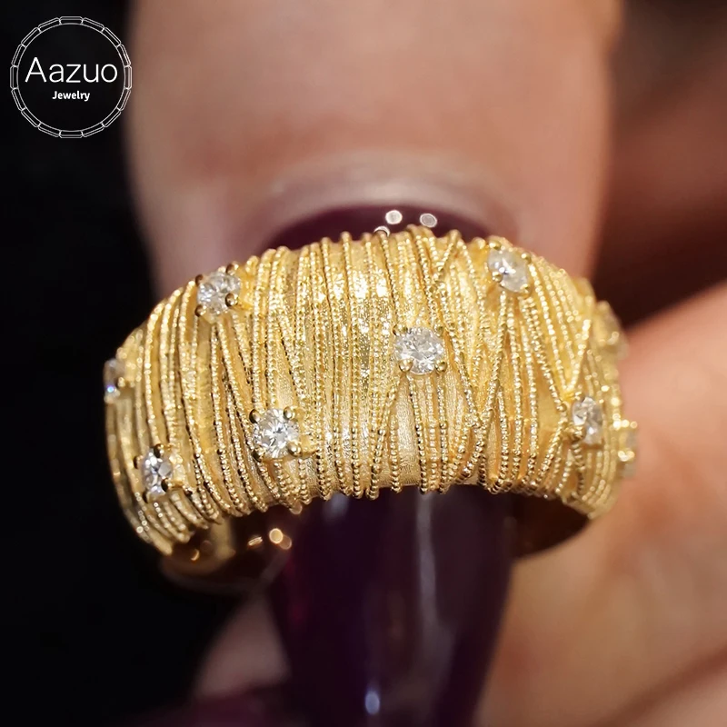 Aazuo Fine Jewely, oro amarillo real de 18 quilates, diamantes naturales, anillos con líneas de dibujo de alambre de estilo vintage, regalo para mujer, fiesta de cumpleaños
