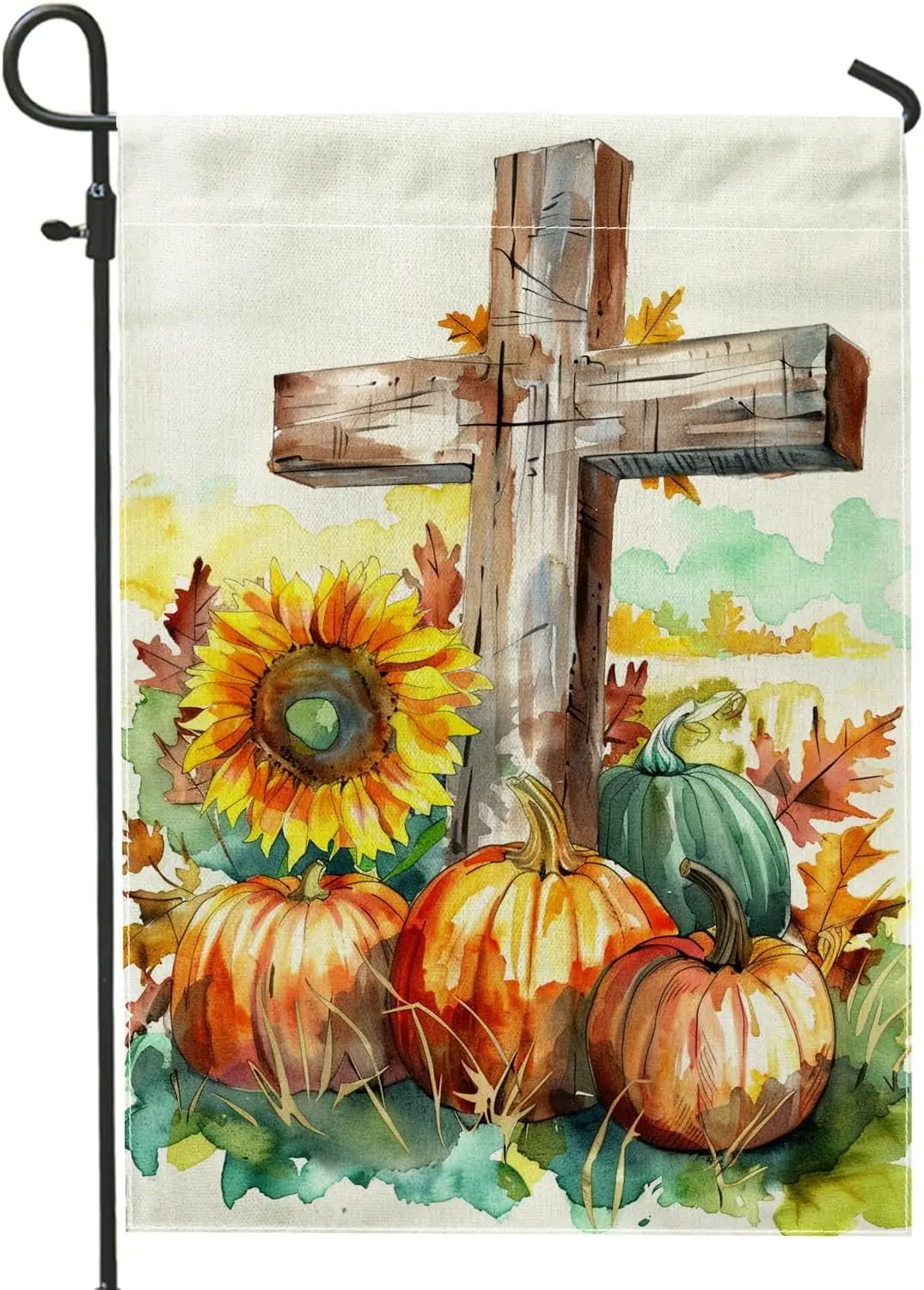 Autumn Harvest Garden Flag, Orange Pumpkin Sunflower Cross Outdoor Decor Banner, Double Sided Burlap Lawn Flag Thanksgiving  SSL
