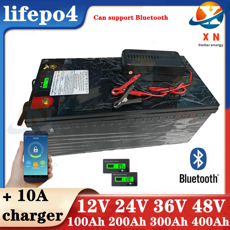 waterproof 12V 200AH 150Ah 100AH 24V 200Ah 48V 100Ah Lifepo4 bluetooth BMS APP for 2400w inverter EV Fishing boat +Charger